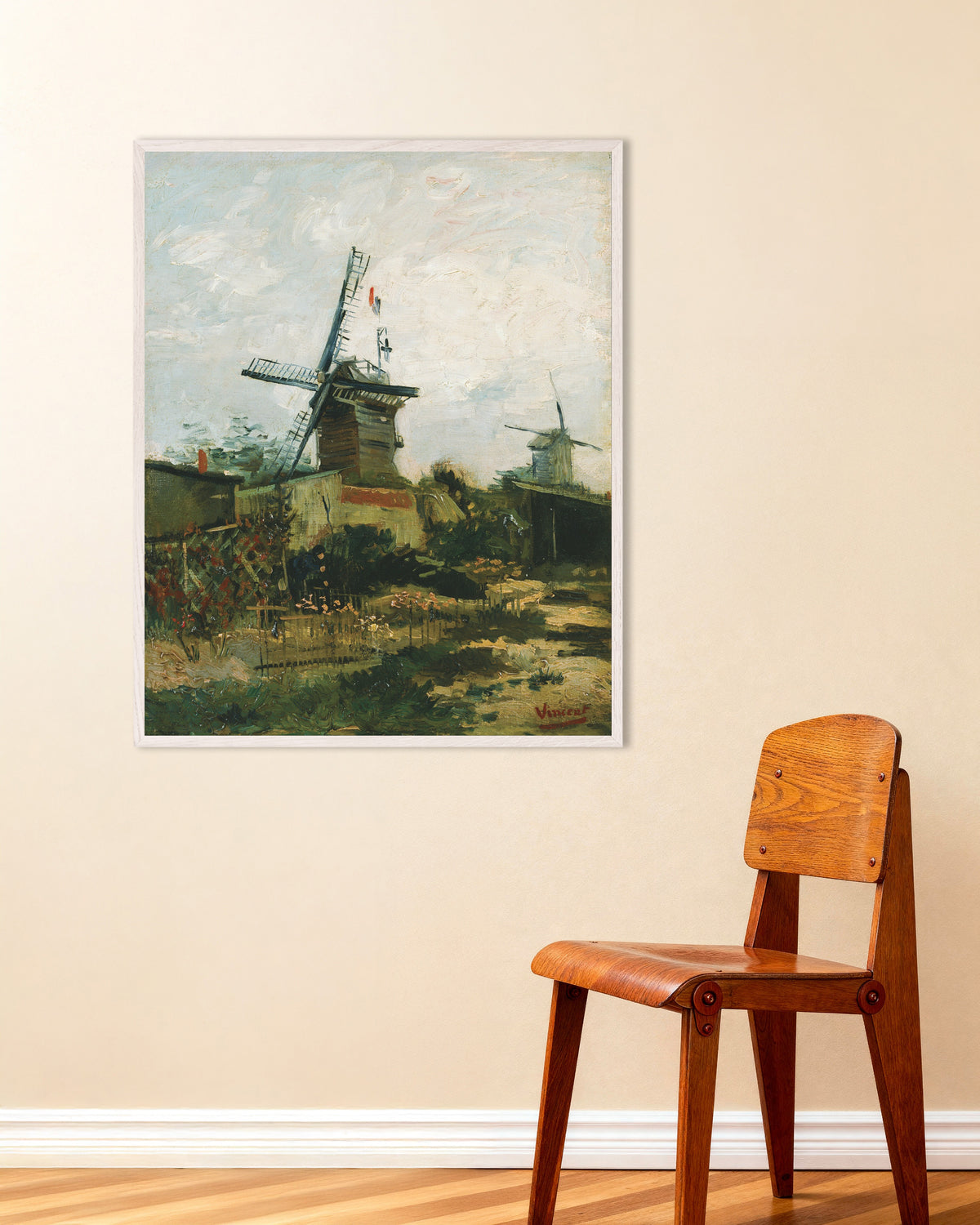 Poster af Vindmøller på Montmartre (1886) af Vincent van Gogh med hvid træramme