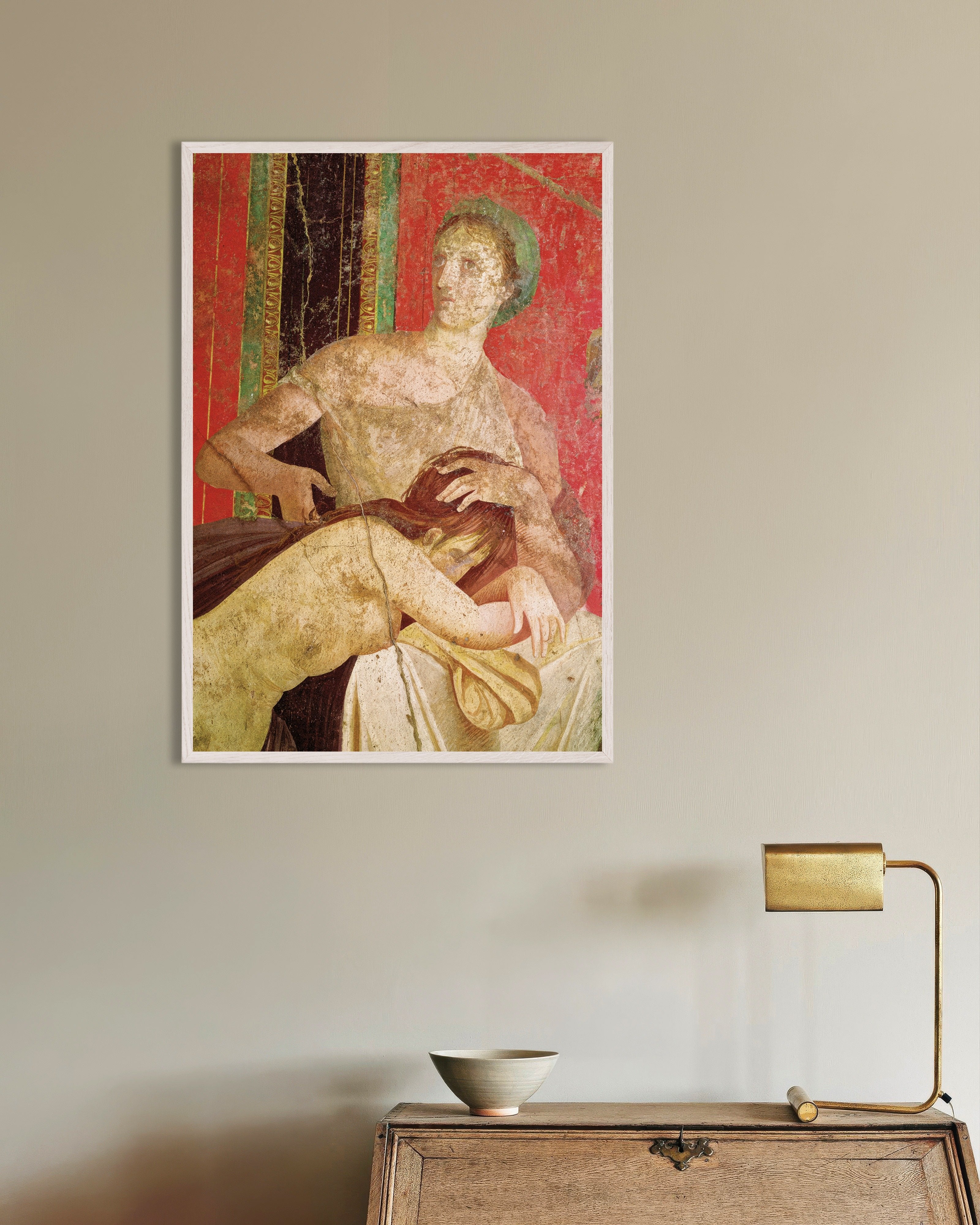 Poster of Woman comforting initiate fresco poster, with white wooden frame