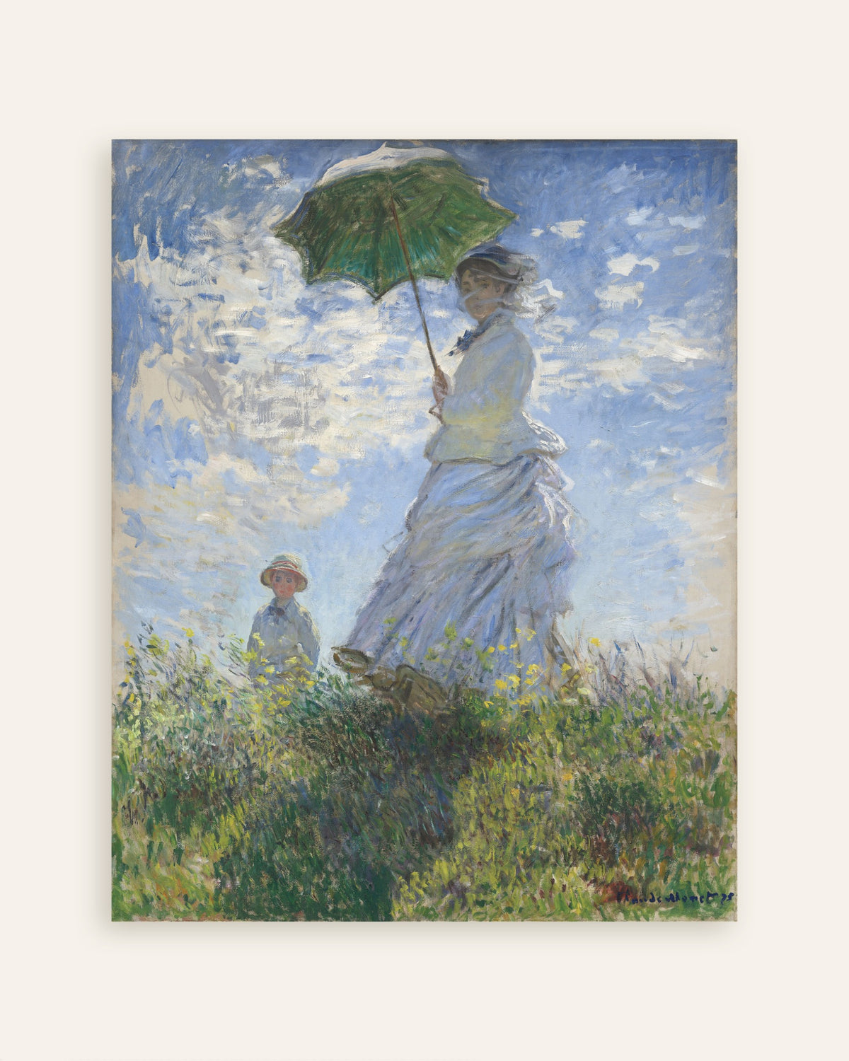 Plakat Kvinde med parasol, Madame Monet og hendes søn (1875) af Claude Monet, miniature