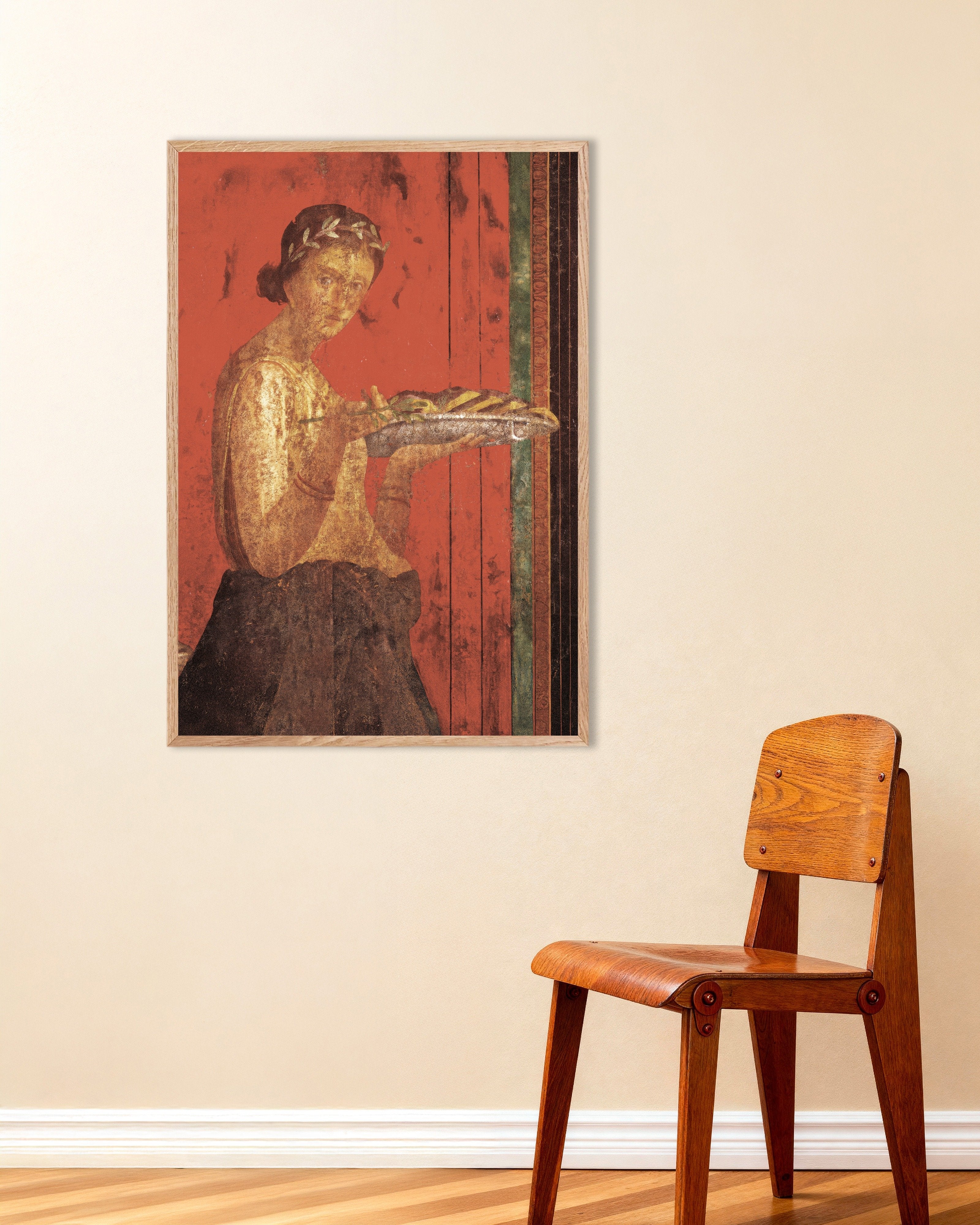 Poster of Woman with wreath fresco poster from Pompeii, with natural wooden frame